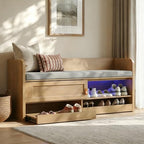 STO’Sense 47" Shoe Storage Bench with Cushion, Entryway Bench with UV Light & Backrest, Farmhouse Shoe Cabinet Bench with 2 Sliding Doors & 2 Pop-Out Drawers for Bedroom End of Bed, Hallway (Oak)