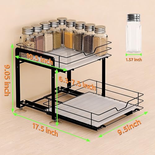 Spice Rack Organizer for Kitchen, Pull Out Spice Racks for Inside Cabinets, 2 Tier Spice Shelf Organization for Cabinet Seasoning, No Drilling Install for Home Kitchen Space Saving, 1 Pack