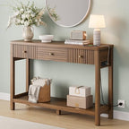 47 Inch Fluted Console Table with Outlets and USB-C Port, Mid Century Modern Sofa Table with 3 Drawers and Open Shelf, Entryway Table with Charging Station for Behind Couch, Hallway, Foyer, Walnut - color: Walnut