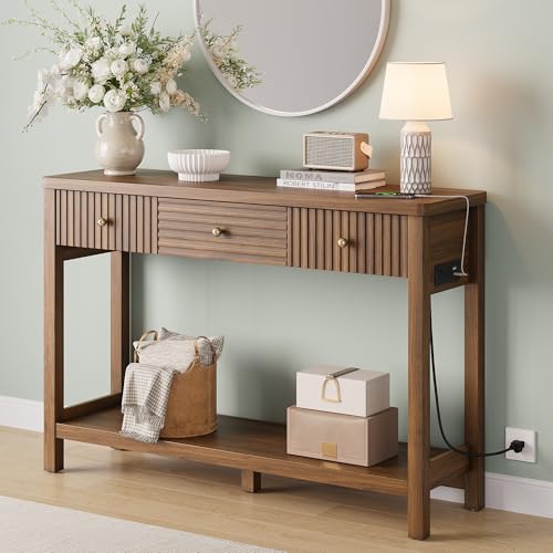 47 Inch Fluted Console Table with Outlets and USB-C Port, Mid Century Modern Sofa Table with 3 Drawers and Open Shelf, Entryway Table with Charging Station for Behind Couch, Hallway, Foyer, Walnut - color: Walnut