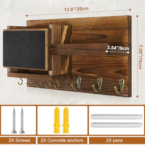 Decorative Key Hanging Rack with 8 Hooks – Easy Install Natural Wooden Key and Mail Holder for Wall Mount – Sunglasses Wallet Holder Entryway Decor with Shelf and Chalkboard (Brown) - color: Brown