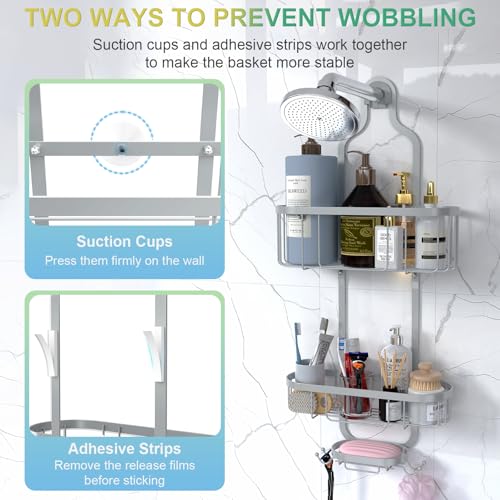 Bathroom Hanging Shower Organizer, Over Head Shower Caddy Shower Storage Rack Basket with Hooks for Razor and Sponge Rustproof, Silver [Patented] - color: Silver