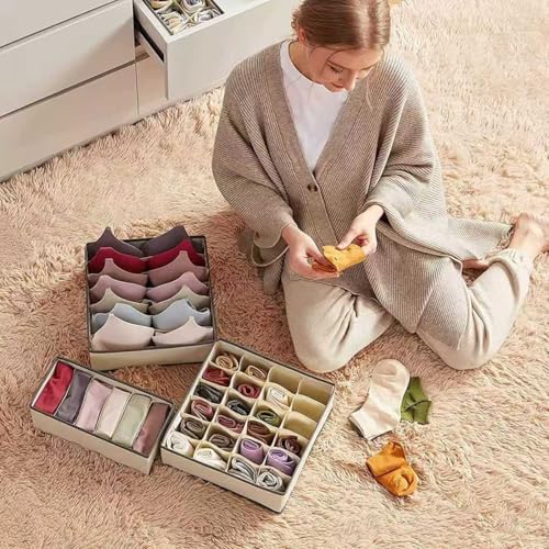 4 Piece Drawer Organiser,Collapsible Non-Woven Sorting Box,Closet Divider For Underwear,Socks,Bras,Ties (Khaki) - color: Khaki