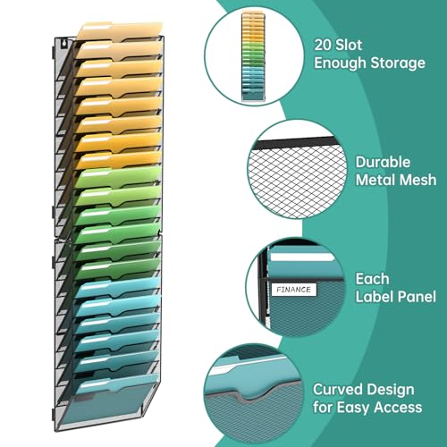 SUPEASY 20 Tier Wall File Organizer, Hanging Wall Mounted Mail Organizer with Label Slots, Metal Mesh File Holder Magazine Rack for Office, Home, School or Classroom, Black - color: Black, size: 20-Tier