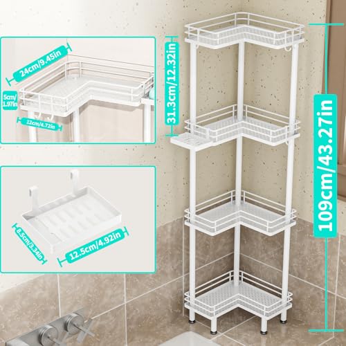 HapiRm Corner Shower Caddy Organizer - 4 Tier Shower Shelf Corner with Soap Holder, Rustproof Bathroom Standing Organizer with 4 Hooks, White - color: White, size: 4-tier