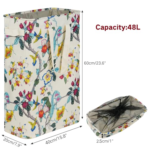 efluky Slim Laundry Basket, Narrow Laundry Hamper with Handles, Collapsible Dirty Clothes Hamper, Tall Laundry Bin for Laundry Room, Dorm and Bedroom, 48L (12.7 Gallon) Floral - color: Floral, size: 48L without Lid