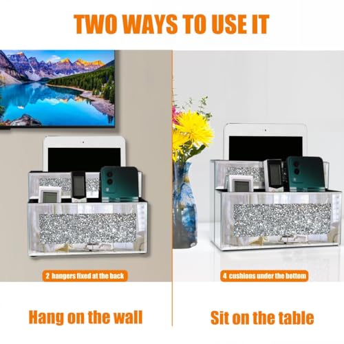 GOTHICO Mirrored Remote Holder, Wall or Tabletop Mounted Crush Diamond Bling Decoration Organizer Storage Caddy for Remote Phone Pad Notebook Makeup Brush,4 Slots in 3 Sizes,9.1"×6.1"×4.8"