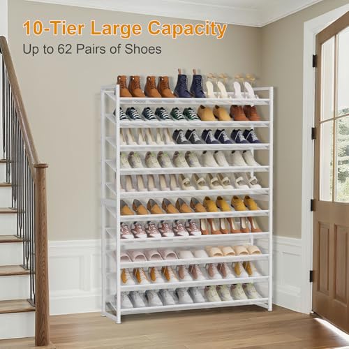 Large Shoe Rack 10 Tier Shoe Organizer, Heavy Duty Metal 5-Tier Stackable Shoe Storage Vertical Shoe Rack for Closet Front Door Entrance, Up to 62 Pairs, 44.8" W x 11.4" D x 71.2" H, White - color: White, size: 10 Tier