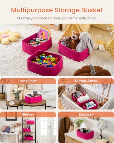 Small Woven Basket, 13.5 x 9.5 x 5 Inches, Storage Basket for Organizing, Cute Small Rope Shelf Closet Cube Storage Bins Baskets for Shelves, Dog Toy Gift Baskets Empty, 3 Packs, Hot Pink - color: Hot Pink, size: 13.5"L x 9.5"W x 5"H