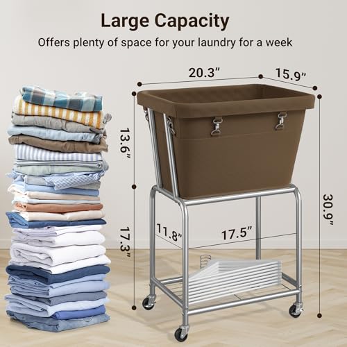 ELYKEN Rolling Laundry Hamper with Wheels, Laundry Cart with Removable Bag, Heavy Duty Metal Frame, 2-Tier Clothes Basket Hamper with Shelf for Closet, Bedroom, Bathroom, Laundry Room, Camel Brown - color: Camel Brown, size: 20.3"l X 15.9"w X 30.9"h