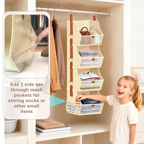 Fabric 4 Tier Hanging Closet Organizer Heavy Duty Beige Shelf Hanging Storage Towel Clothes Sweater Jeans Bag Organizer For Closet For Bedroom, Dorm, RV, See Through Front Panel, Space-Saving