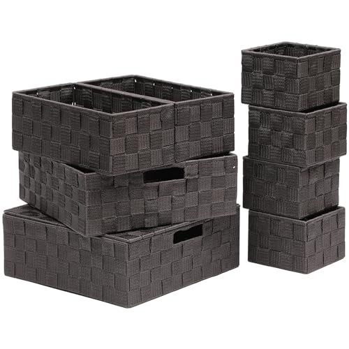 Storage Bins Woven Organizer with Lids Set of 8 – Polypropylene Storage Baskets with Metal Frame, Stackable Fabric Boxes for Drawers, Closet, Shelf, Nursery and Office, Brown - color: Brown, size: 8PCS-with lid