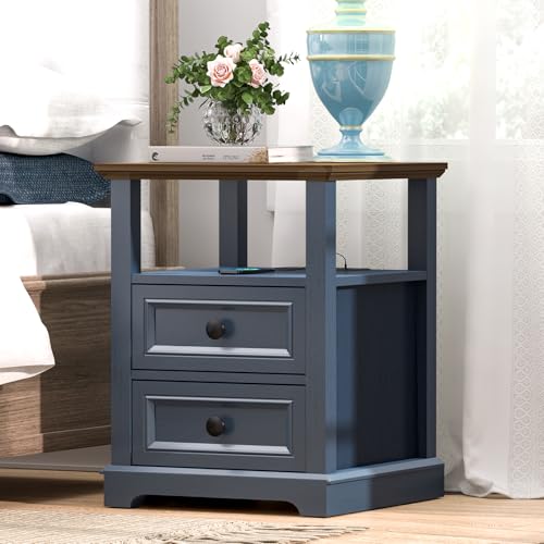 REDAYFUR 18" Wide End Table with Fast Charging Station Set of 2, 18” Wide Sofa Side Table with Drawers,End Table with Drawers for Living Room,Blue - color: Dark Blue, size: 1 Set