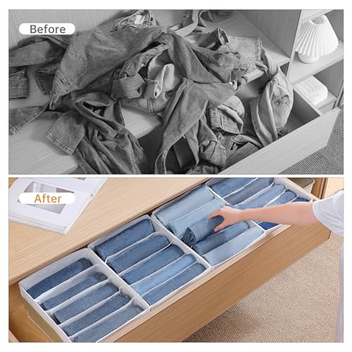 Jeans Drawer Organizers for Clothing,5 Grids Compartment Wardrobe clothes organizer,Fabric Washable Closet Organizers and Storage Bins for Jeans,Pants,Bra,Legging,t-shirt-BeigeWhite - color: BeigeWhite