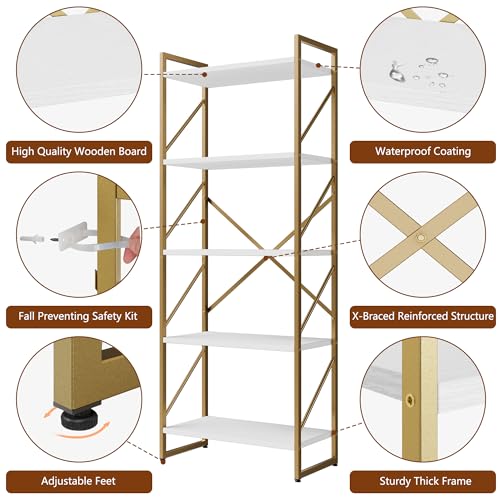 Shintenchi 2 Pieces 5 Tiers Bookshelf, Classically Tall Bookcase Shelf, Industrial Book Rack, Modern Book Holder in Bedroom/Living Room/Home/Office, Storage Rack Shelves for Books/Movies-Gold - color: 2pcs/Gold