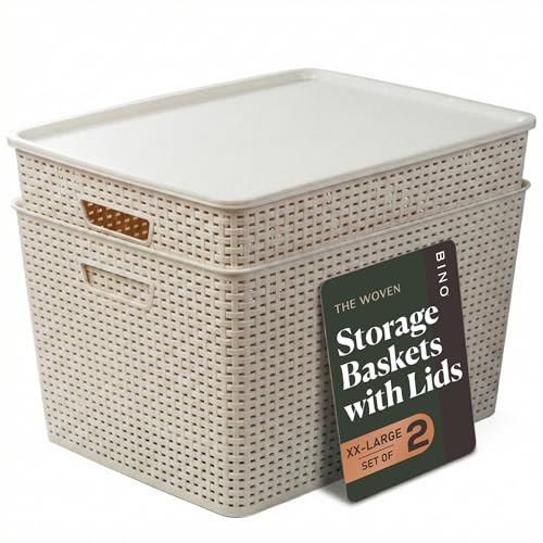 BINO | Plastic Storage Baskets with Lids, 45 Liter - 3 Pack, Natural | THE WOVEN COLLECTION | Storage Basket for Shelves | Woven Storage Baskets for Organizing Bins | Pantry Shelf Organizer Bin - color: Natural, size: 45L | 2-Pack
