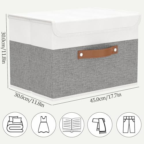 OUTBROS Large Cube Storage unit Boxes, Collapsible Bin with Lid, Linen Fabric Wardrobe Organiser, Baskets For Towels, Clothes, 17.7 x 11.8 x 11.8 inch (White/Grey, 3-Pack) - color: White/Grey, size: 17.7x11.8x11.8in(3-pack)