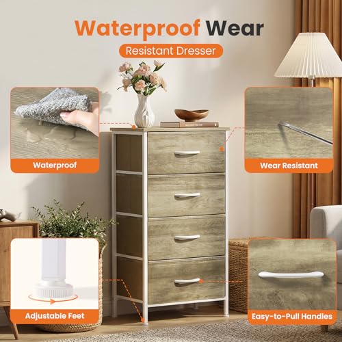 Sweetcrispy Nightstand Small Bedroom Dresser with 4 Fabric Drawers,Bed Side Furniture End Table,Wooden Top Cabinet Night Stand Dresser for Closet,Entryway,Dorm,Oak Greige - color: Oak Greige, size: 17.7"D x 11.8"W x 37"H (4 Drawers)