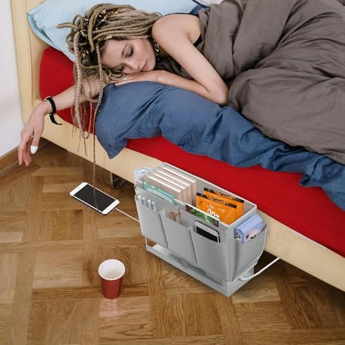 Bedside Caddy, Bed Organizer with 11 Pockets and Power Strip Holder,Versatile Bedside Storage Caddy for Home,Dorm,Bunk,Hospital,Crib Bed (Grey) - color: Grey