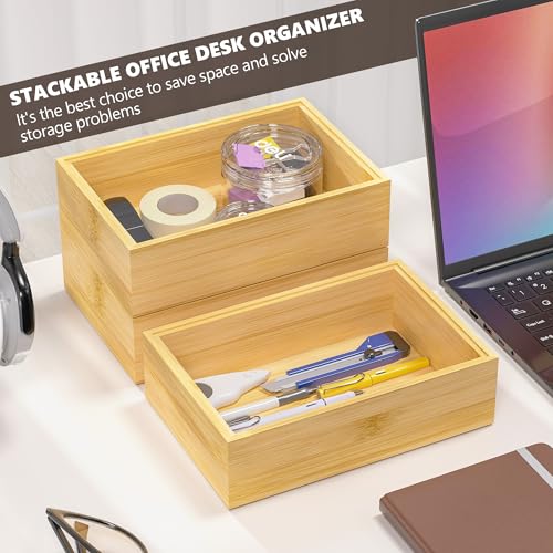 Kitchen Drawer Organizer Bins, Stackable Bamboo Drawer Organizer for Silverware, Flatware, Deep Office Desk Drawer Organizer Tray, Desktop Pen, Office Organization 9" x 6" x 2.5" (Set of 2) - color: Bamboo, size: 9 x 6 x 2.5 Inch