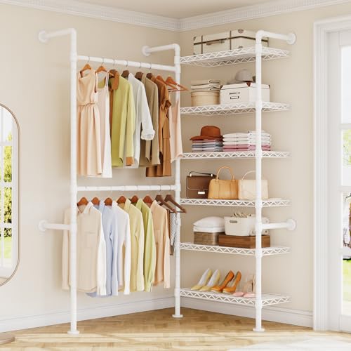 L2 Wall Mounted Closet System, Industrial Pipe Clothing Rack Clothes Racks with 2 Telescopic Rod & 6 Shelves, Heavy Duty Closet Organizers System in Wardrobe Closet, White - color: White