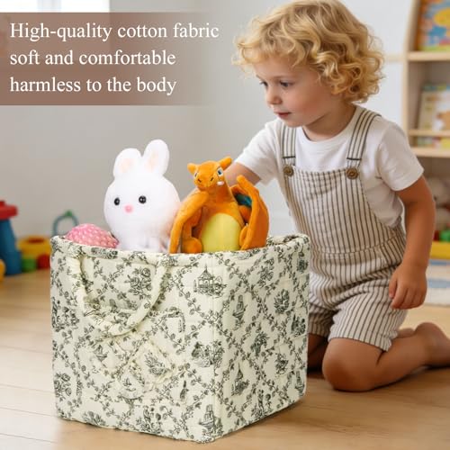 Quilted Fabric Basket Foldable Car Storage Boho Floral Laundry Basket Hamper for Nursery Bedroom & Living Room | Organize Clothes Toys - color: Green French Country