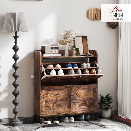 HOMCOM Shoe Storage Cabinet with 2 Flip Drawers, Legs, Farmhouse Freestanding Narrow Shoe Cabinet, Slim Hidden Rack Organizer for Entryway, Hallway, Rustic Brown Wood Grain - color: Rustic Brown