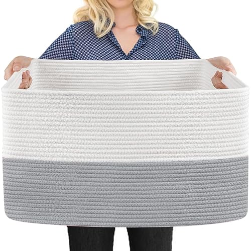 MEGASKET Extra Large Laundry Basket, Rectangle Woven Cotton Rope Storage Basket with Handles, Wicker Laundry Hamper, Farmhouse Storage Bin for Blankets Clothes Toys, Grey, 22" x 17" x 12" - color: White & Gray, size: 22"x17"x12"