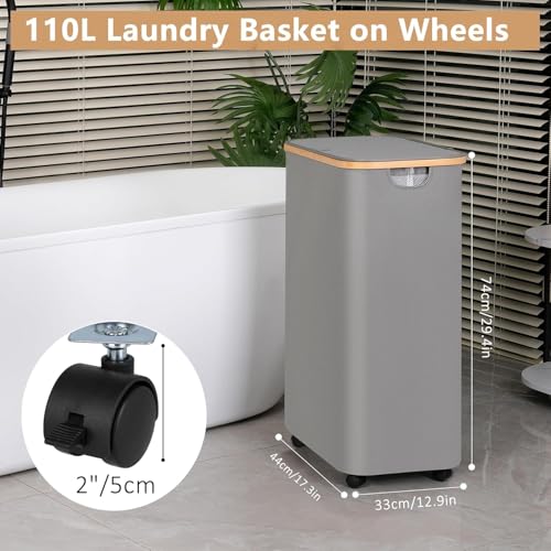 iEGrow Laundry Hamper, Narrow Laundry Basket with Lid,Foldable Clothes Hamper with Bamboo Handles,Hamper Basket with Removable Inner Bag for Laundry Room Bedroom College Dorm (Pink, 110L with Wheels) - color: Pink, size: 110L with Wheels
