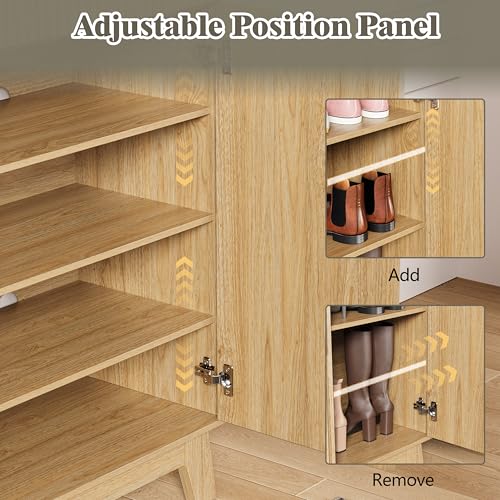 HUANLEGO Shoe Cabinet Storage for Entryway, 4 Tier Fluted Shoe Storage Cabinet with 2 Drawers, Narrow Hidden Shoe Organizer with Adjustable Shelves, Freestanding Shoe Rack for Entryway, Hallway, Oak - color: Oak, size: 4 Tier