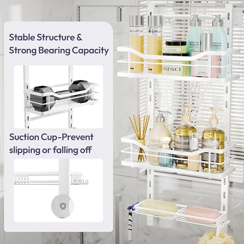 SWTYMIKI Over the Door Shower Caddy - 3 Tier Adjustable Shower Organizer Hanging with Soap Holder, No Drilling Stainless Steel Bathroom Hanging Caddy for Body Wash, Shampoo, Soap, Razor, White - color: White-3 Tier