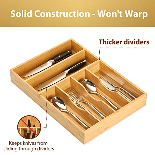 Umilife Kitchen Drawer Organizer, 12 Inch Silverware Utensil Tray Holder, Extra Deep, with Non-Slip Feet & Grooved Drawer Divider, 6 Slots Total Bamboo Wood Caddy for Flatware Cutlery Knives - size: 12 x 17 inch (6 Slots)