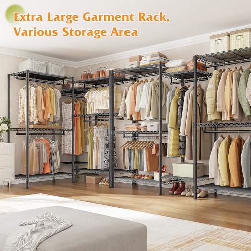 Raybee L Shaped Clothes Rack for Corner, Clothing Racks for Hanging Clothes, 900LBS Heavy Duty Clothes Rack Garment Rack 74.5" W X 18" D X 77" H, Black - color: Black, style: Large Clothes Rack