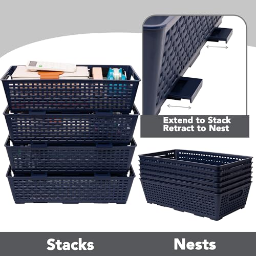 Tiawudi Stackable Woven Plastic Basket, Storage Bins for Cabinet, Closet, Shelf, Under Sink and Countertop, Pantry Organizer Bins, 6 Pack - color: Dark Blue