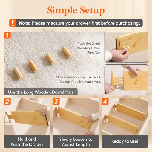 Lifewit 6" High 8 Pack Bamboo Drawer Dividers 45-55cm/17.5-22" Adjustable Wooden Drawer Organizer for Clothes/Utensils, Expandable Drawer Separator for Dresser/Kitchen/Bedroom/Office Organization - size: 6"H, 17.5-22"L