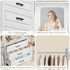 Unikito 48" W - 96” W Closet System with Mirror, 8FT Walk in Closet Organizer Kits with Drawers and 3 Extendable Hanging Rod, Sturdy Wood Clothing Garment Rack with 25” Tower, Max Load 1000 LBS, White - color: White