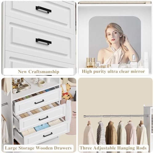 Unikito 48" W - 96” W Closet System with Mirror, 8FT Walk in Closet Organizer Kits with Drawers and 3 Extendable Hanging Rod, Sturdy Wood Clothing Garment Rack with 25” Tower, Max Load 1000 LBS, White - color: White