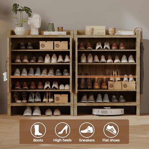 Mericonia 6-Tier Shoe Cabinet Storage for Entryway, Rattan Shoes Organizer Cabinets with Doors, Wooden Shoe Rack, Farmhouse Boho Wood Storage Cabinet (Natural, 6-Tier) - color: Natural, size: 6-tier