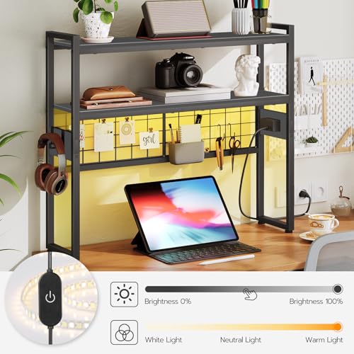 HOOBRO Desktop Bookcase, 2-Tier Office Desktop Organizer, 29.9" Wooden Storage Rack with Outlets, Display Shelf Rack with Light Strip, Desk Hutch for Office, Black BB11UDSJ01 - color: Black, size: 29.9"D