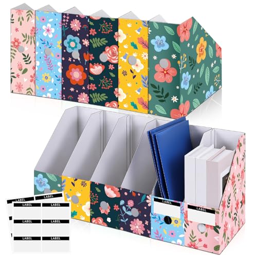 PerKoop 6 Pcs Decorative Magazine File Holders Floral Foldable File Folders Magazine Storage Boxes Rack Desk Organizer Documents with Printable Labels for School Office Home (Floral Design) - style: Floral Design