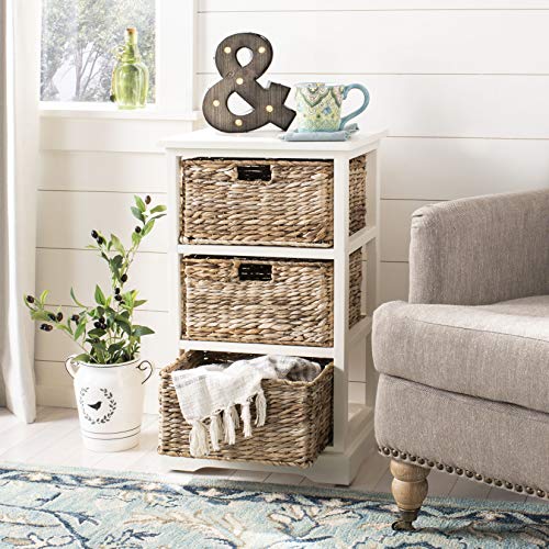 SAFAVIEH Home Collection – Halle Vintage White Storage Side Table with Wicker Baskets, Farmhouse Accent Storage, Fully Assembled (AMH5738B) - color: Vintage White