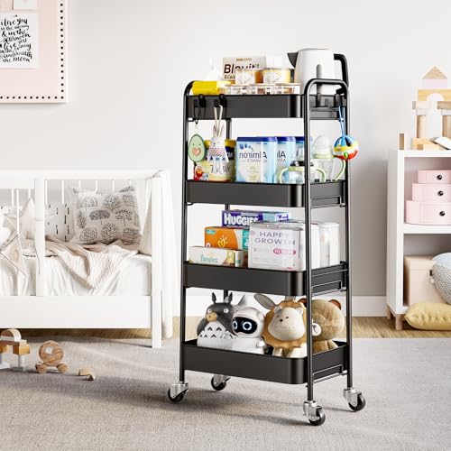 TOOLF 4-Tier Rolling Cart - Metal Storage Organizer with Lockable Wheels, 44 lbs Per Shelf Capacity, Tool-Free Assembly, for Kitchen Bathroom Office Laundry Room Nursery, Black - color: Black, size: 4-Tier