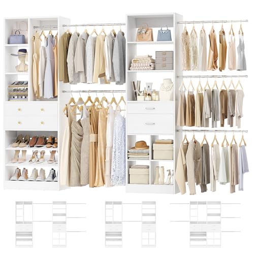 Besiost Closet System, Up to 128.6"/10.7 FT Closet Organizer with 4 Wooden Drawers and Shelves, Walk-in Closet System with 6 Hanging Rods, Built-in Closet Can Fit 96"/8FT, 120"/10FT, White - color: White, size: Style B: 72"—128.6"(W)
