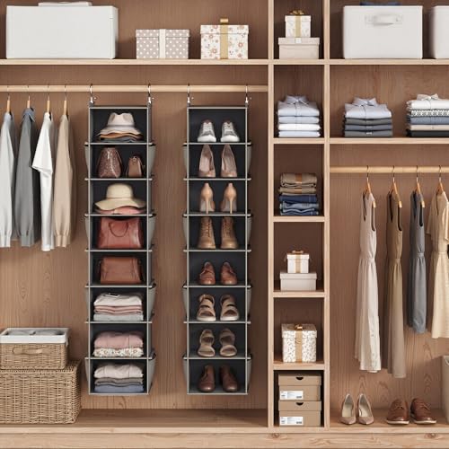 YOUDENOVA Upgraded Extra Wide Hanging Shoe Organizer for Closet, 8-Shelf Storage Organizer with 8 Side Pockets, Hanging Shoe Rack for Hats Clothes Jeans, 2 Packs, Grey - color: Grey, size: 2 Pack