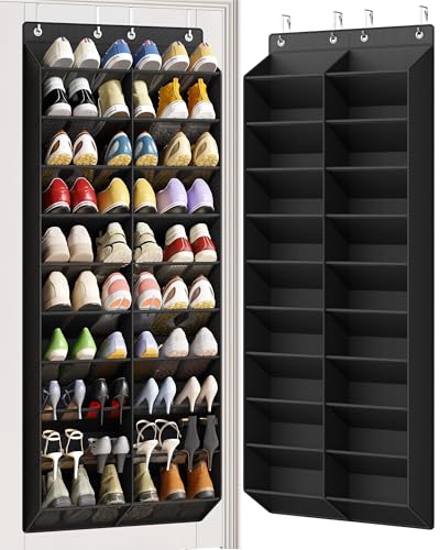 30 Pairs over the Door Shoe Organizer, 10 Tiers Shoe Rack for Door with Wider & Deeper Pockets (Fit Men's Size 14), Hanging Shoe Holder Storage for Closet, Bedroom, Bathroom, Black - color: Black