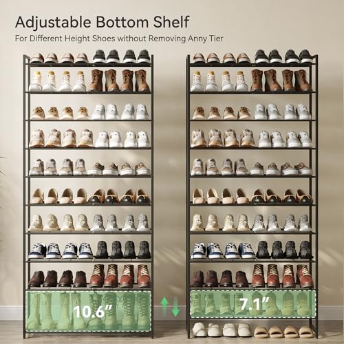 Nunsino Shoe Rack for Closet, Metal Shoe Organizer, 10 Tier Garage Shoe Rack Max Holds 50 Pairs,Shoe Storage Shelf,Entryway, Black - color: Black, size: 10 Tier