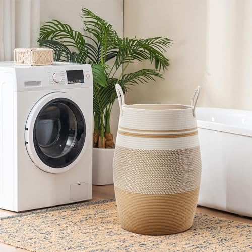 105L Extra Large Woven Laundry Hamper Basket with Heavy Duty Cotton Rope Handles for Clothes and Toys in Bedroom, Nursery Room, Bathroom - color: Khaki