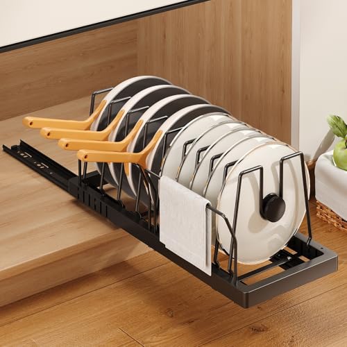 Mustorn Pots and Pans Organizer Under Cabinet, 21.6" Deep Pull Out Pot Lid Organizer Holder with Guardrail Adhesive Pot and Pan Holder Rack with 10 Adjustable Dividers-1 Pack(Black) - color: Black, size: 1 Pack