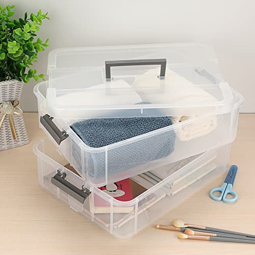 BTSKY 2 Layer Stack & Carry Box, Plastic Multipurpose Portable Storage Container Box Handled Organizer Storage Box for Organizing Stationery, Sewing, Art Craft, Jewelry and Beauty Supplies Dark Grey - color: Dark Grey
