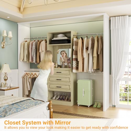 Unikito 48" W - 96” W Closet System with Mirror, 8FT Walk in Closet Organizer with Drawers and 3 Extendable Hanging Rod, Sturdy Wood Clothing Garment Rack with 25” Tower, Max Load 1000 LBS, White Oak - color: White Oak